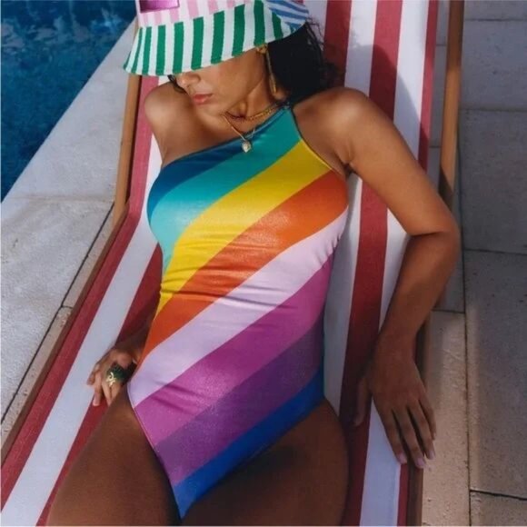 Kurt Geiger Kensington SWIMSUIT Size M L One Shoulder Piece Rainbow Metallic NEW - Picture 3 of 10